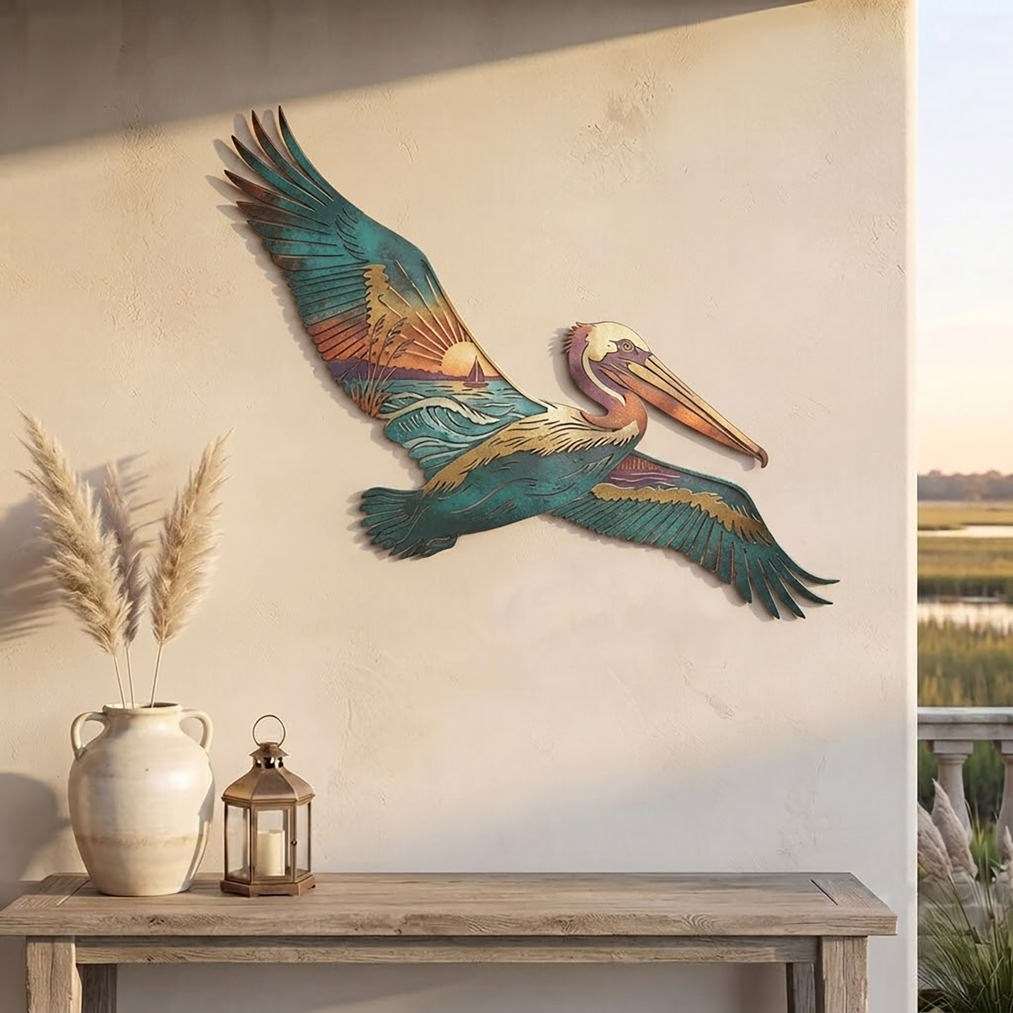 Pelican Sunset Metal Wall Art