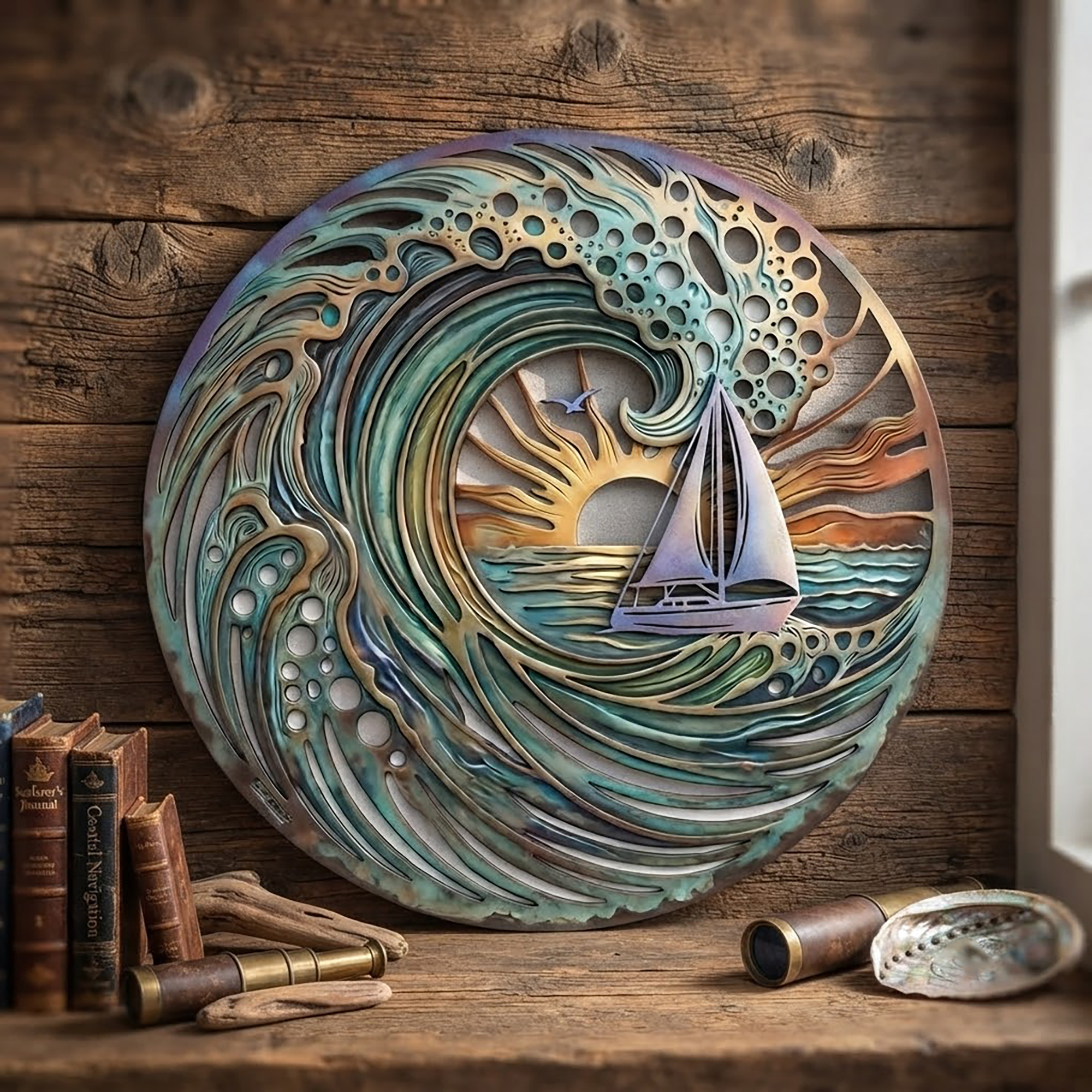 Ocean Wave Sailboat Metal Wall Art - product view 2