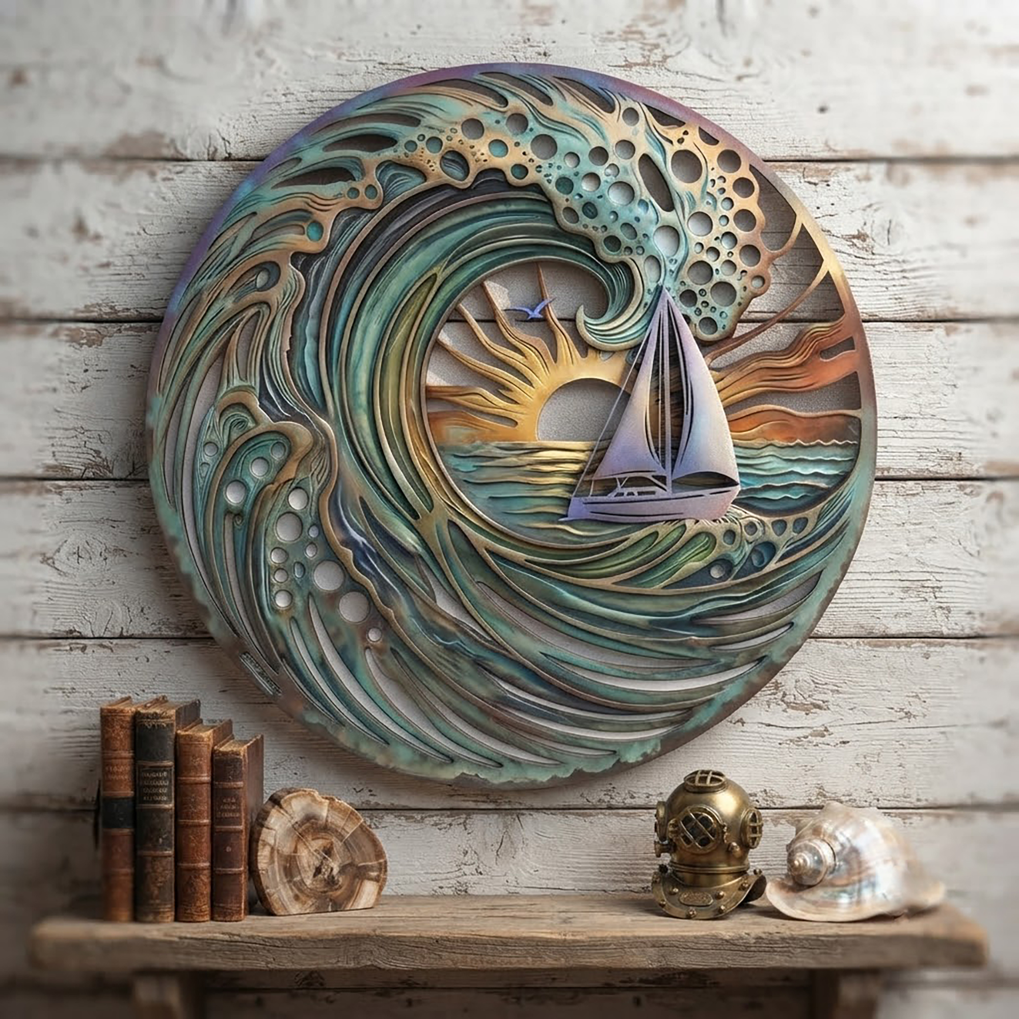 Ocean Wave Sailboat Metal Wall Art - product view 3