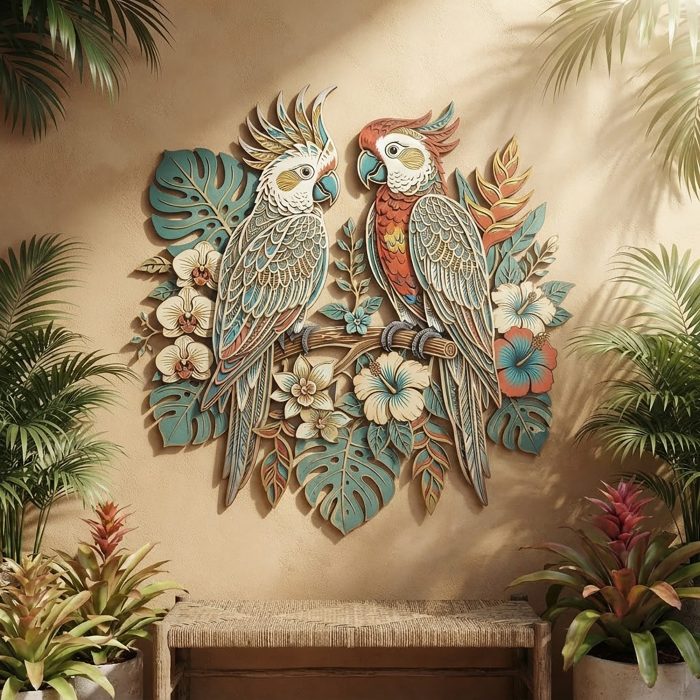Tropical Parrot Couple Metal Wall Art