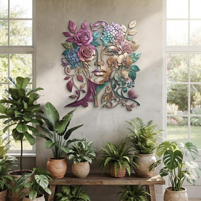 Floral Woman Face Metal Wall Art