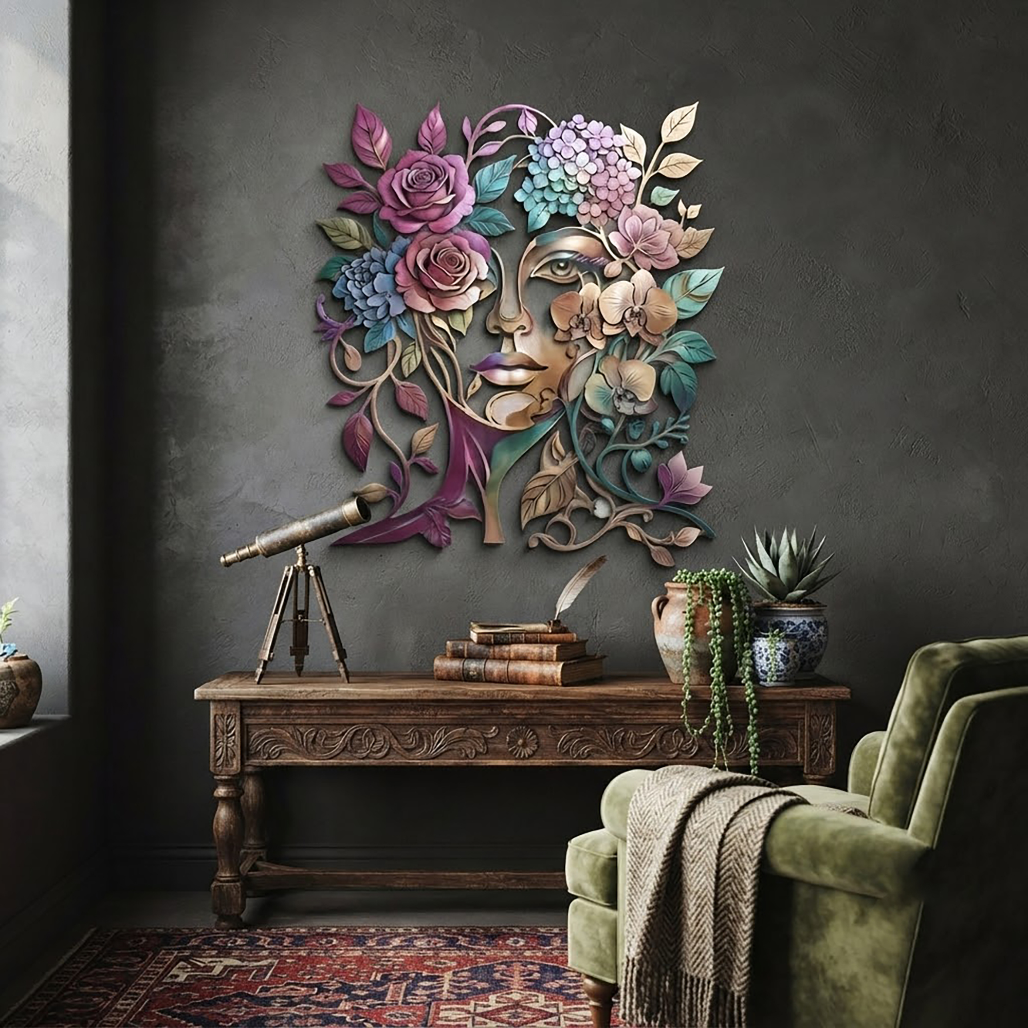 Floral Woman Face Metal Wall Art - product view 2
