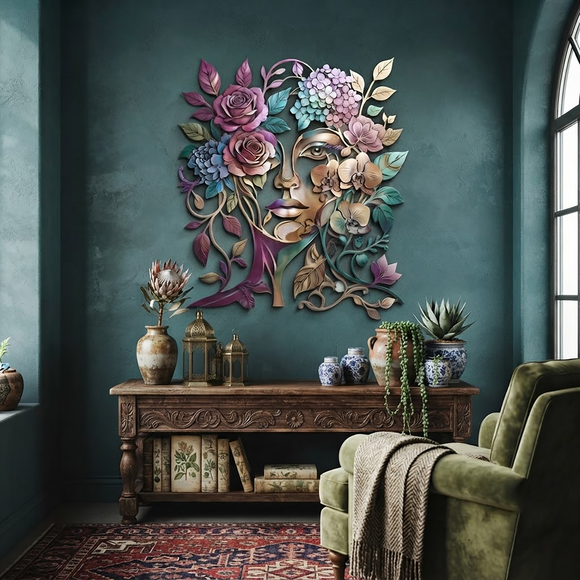 Floral Woman Face Metal Wall Art - product view 3