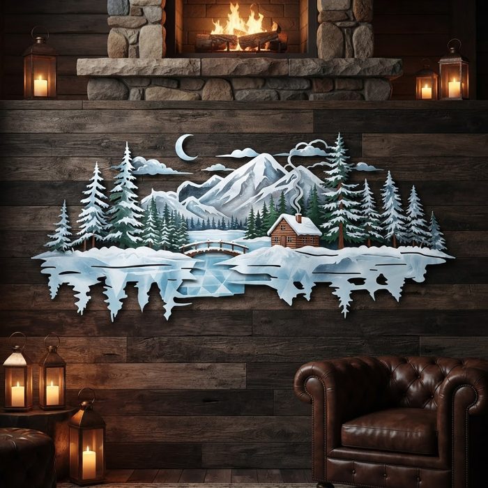 Winter Mountain Cabin Metal Wall Art
