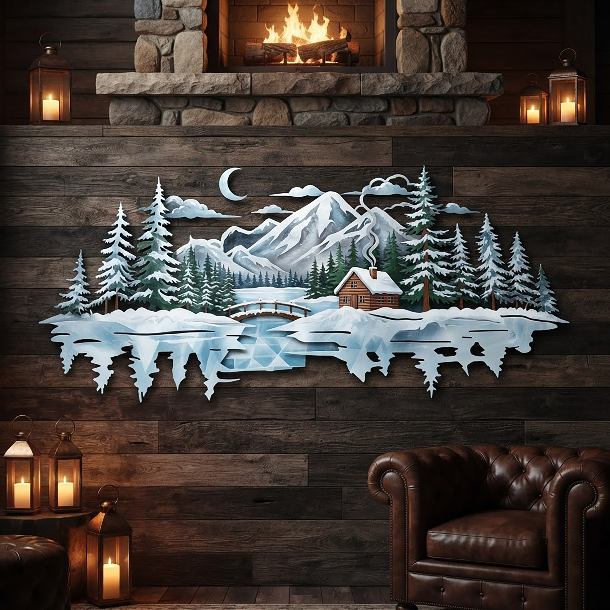 Winter Mountain Cabin Metal Wall Art