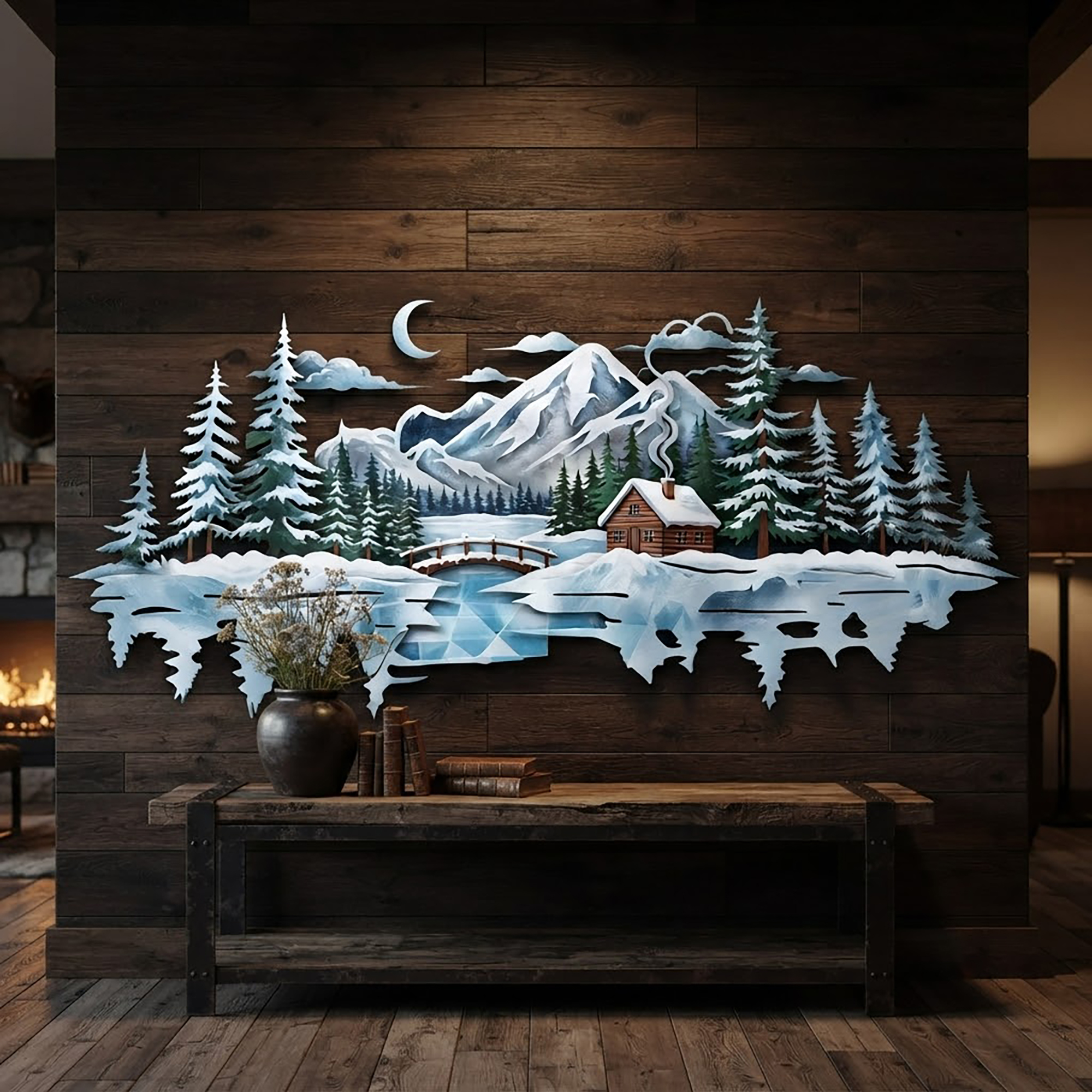 Winter Mountain Cabin Metal Wall Art - product view 3